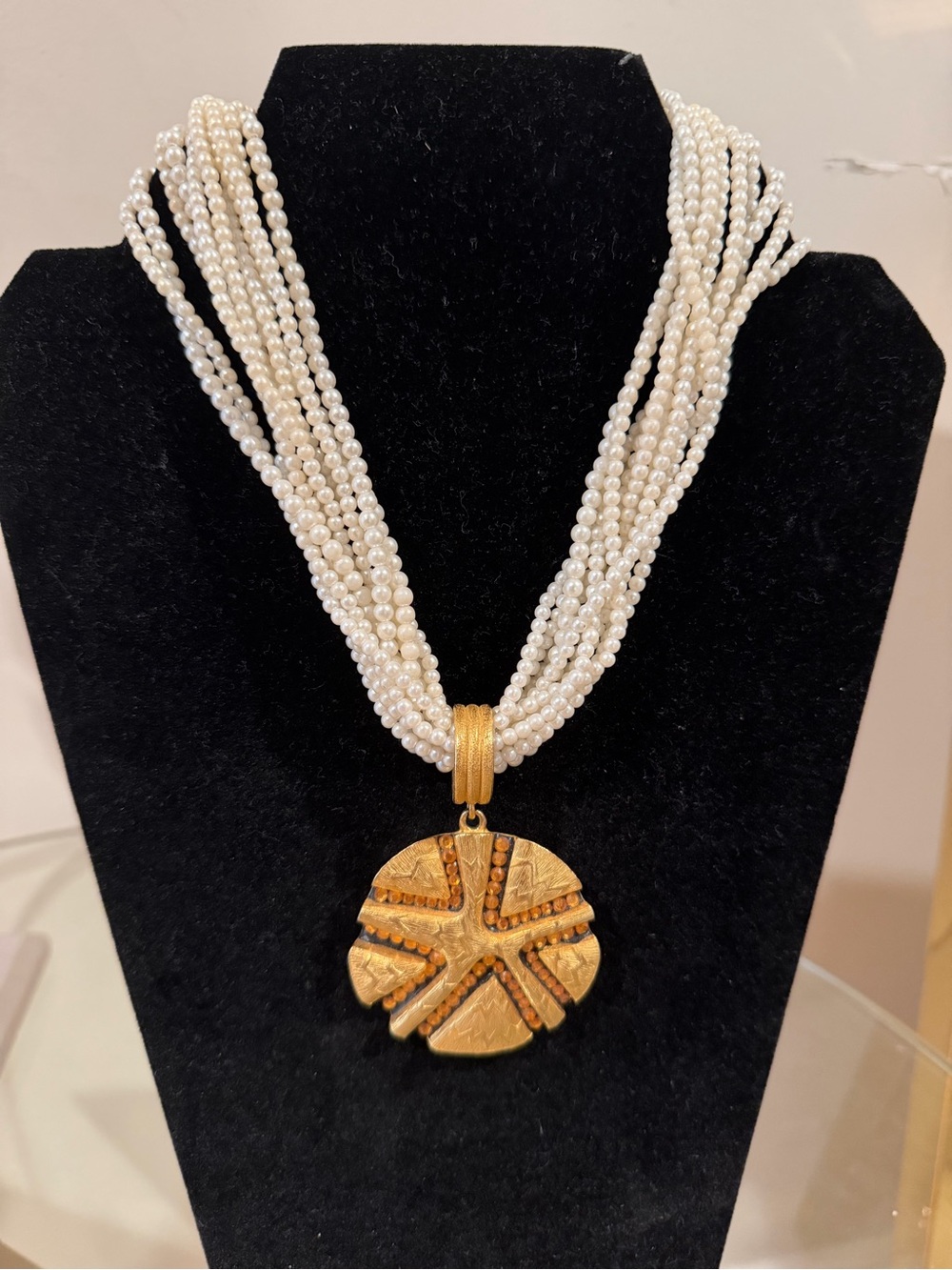 Vintage Gem Craft Multi-Strand Pearl Necklace with Gold Textured Disc Pendant